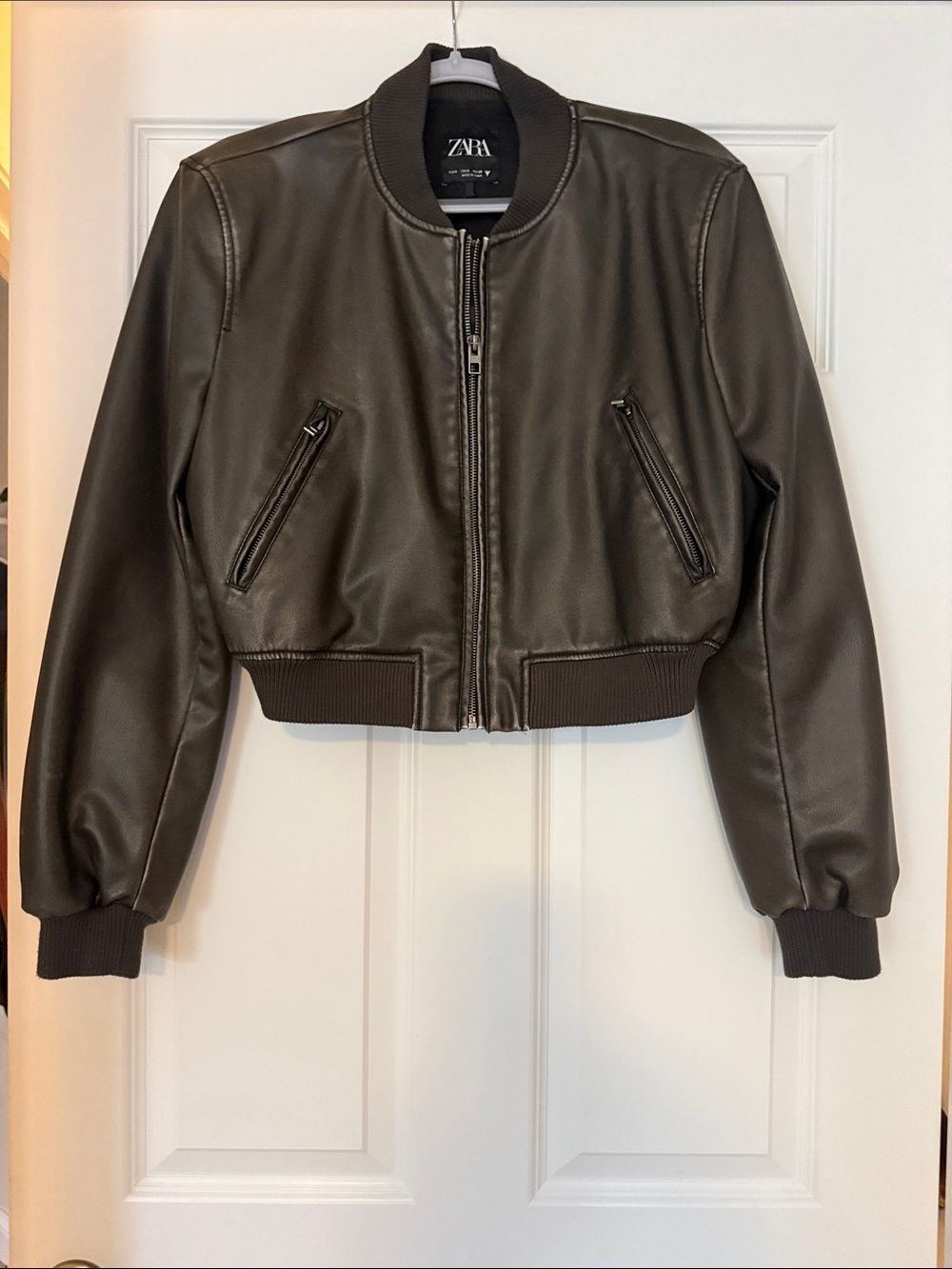 ZARA Distressed Brown Cropped Faux Leather Bomber Jacket